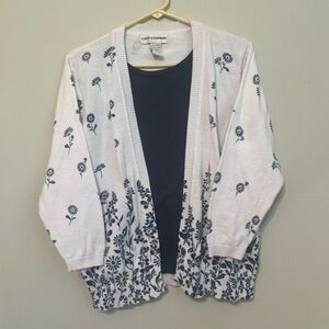 Women’s Cathy Daniels Blue and White Floral Cardigan Sweater.